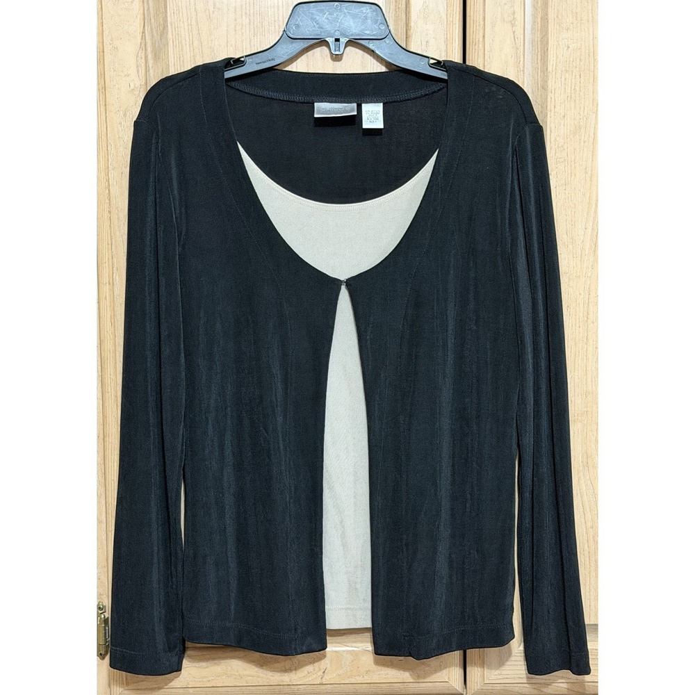 Chico's Travelers Black Tan Twin Set Tank‎ Cardigan Blouse Top Size 1 Open Front